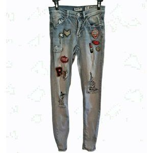 Sz 5 Indigo Rein Distressed Embellished with Badges Light Wash Ankle Blue Jeans